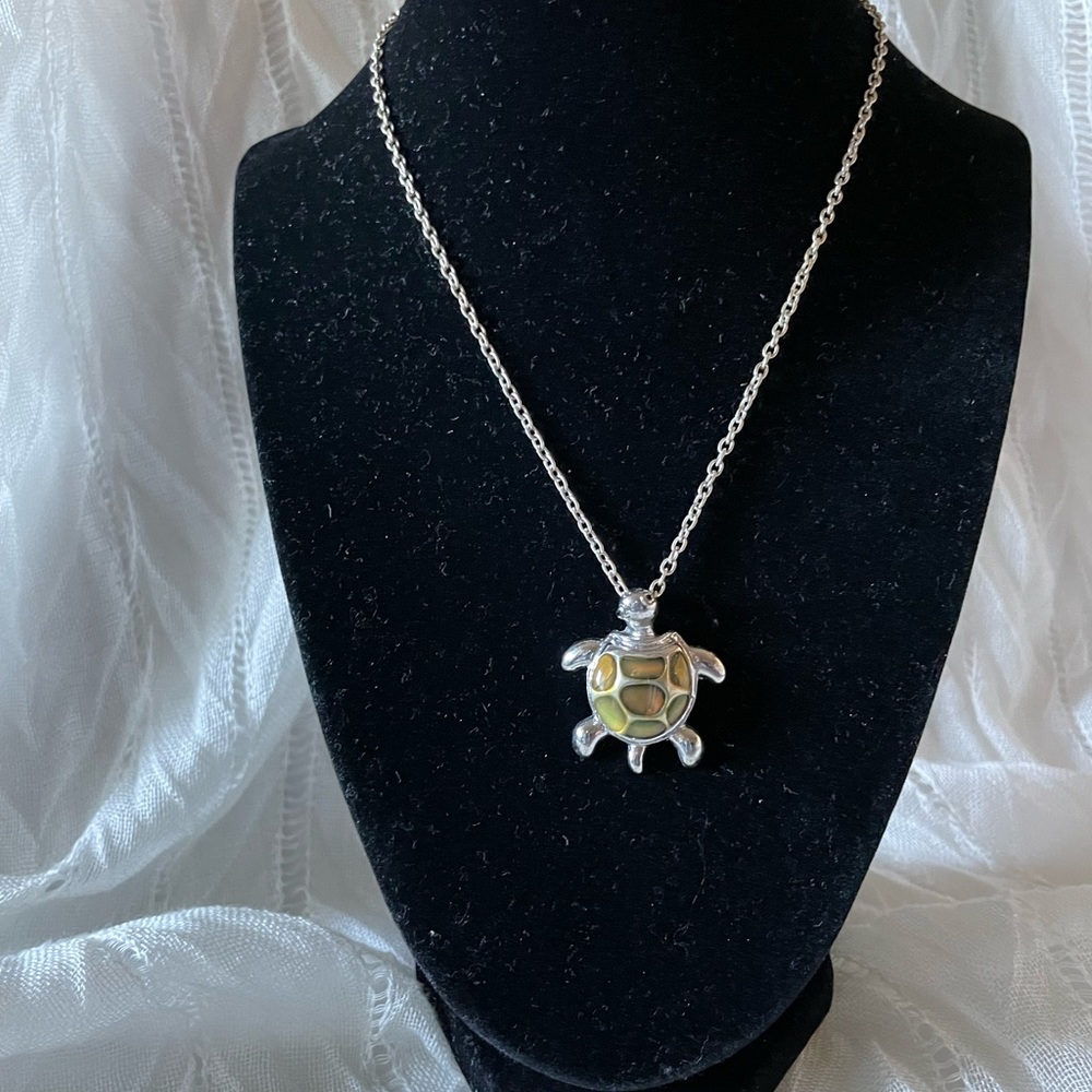Silver tone chain with green enamel turtle pendant necklace